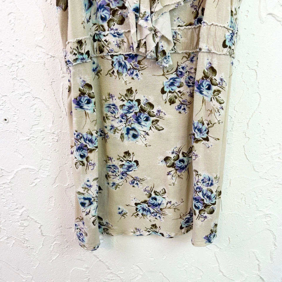 Camiseta sin mangas vintage Y2K beige floral Henley con volantes Babydoll talla grande Foto 3 de 4
