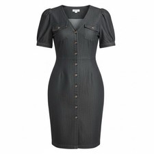 Calvin Klein Prairie Cottage Dress Women’s 14 Button Front Puff Sleeve Midi Gray