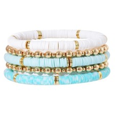 Surfer Heishi Clay Bead Bracelets for Women Bohemian Stackable Gold Plated - 10