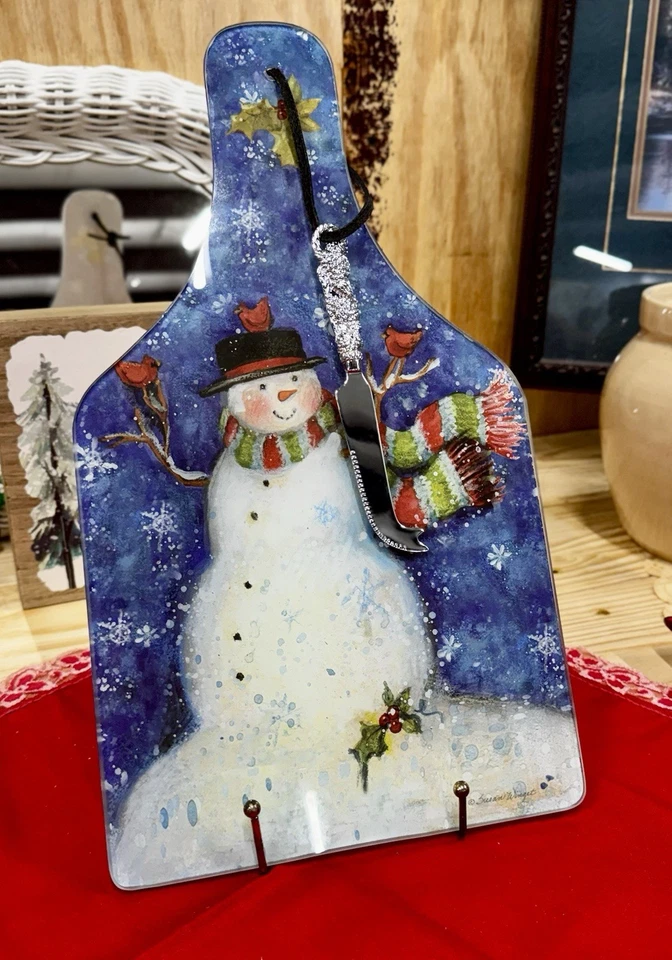 Boneco de neve de vidro vintage tábua de corte Natal feriado - Imagem 2 de 4