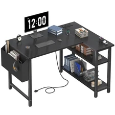 Black L Shaped Desk with Shelves Power Outlet 40 Inch Small Corner Computer G...