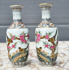 Chinese Antique Porcelain Vases c20th Qianlong Marks birds Calligraphy FINE