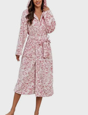 Women 2XL Pink White Print Soft Fleece Long Hooded Wrap Robe Warm Bathrobe Cozy