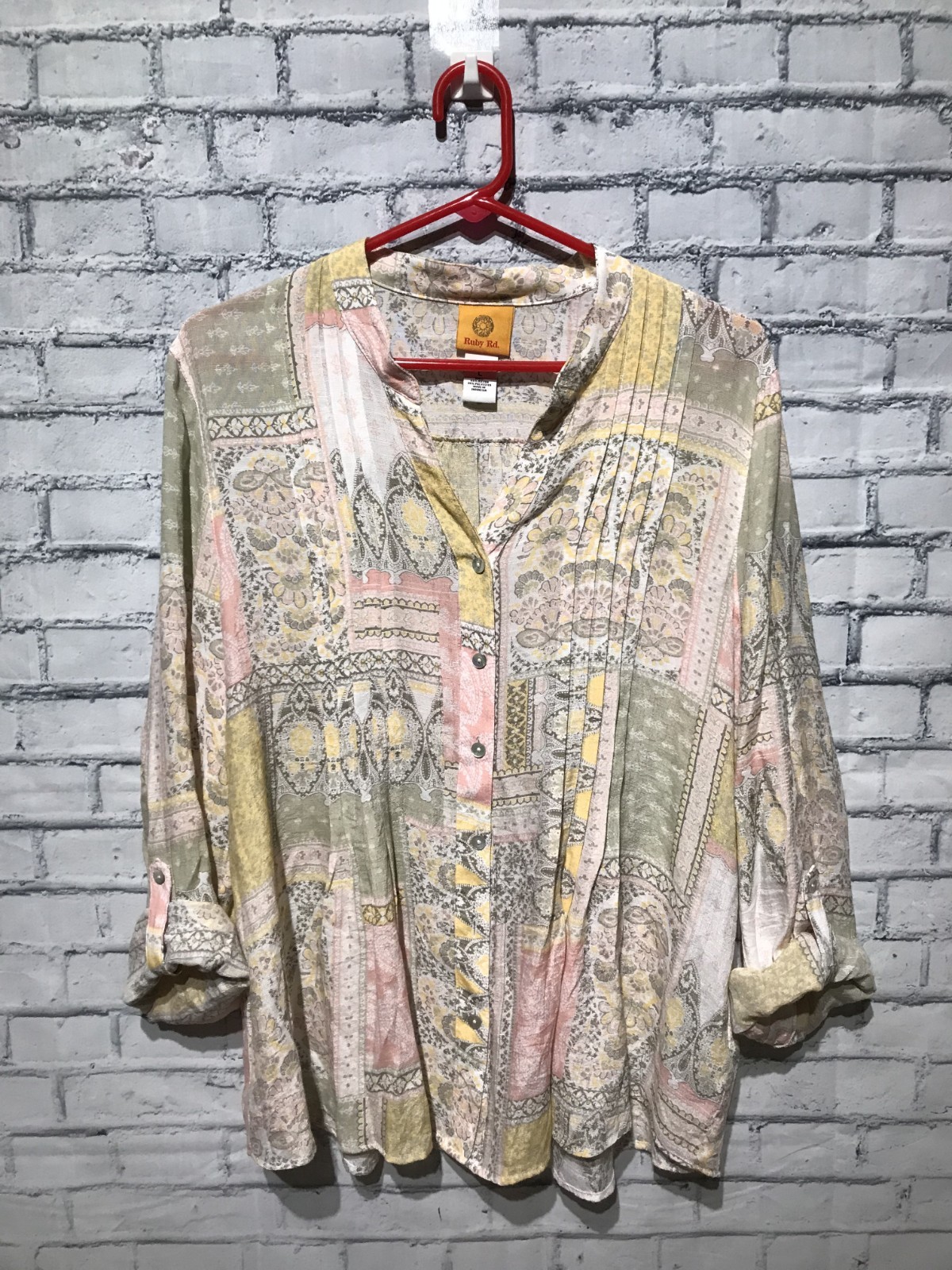 Ruby Rd, L, Patchwork Pattern Roll-Tab Long Sleev… - image 1