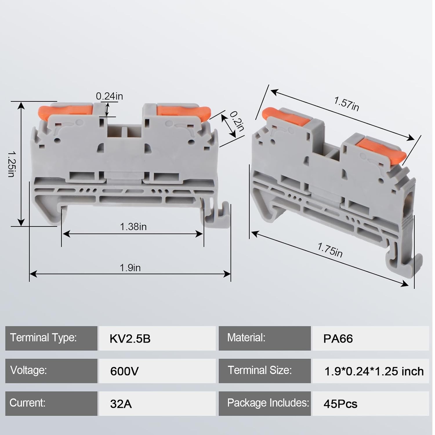 Terminal Block Kit, Rail Type Voltage Terminal, KV2.5B 600V 32A 28-12 AWG Compac
