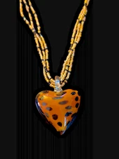 World End Imports Seed Bead Triple Strand 1.9" Glass Heart Pendant 19"  