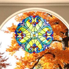 Tiffany Style Stained Glass Panel Suncatcher Blue and Green Floral Design 12in