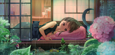 Anime rain brunette frog cats lying on Playmat Gaming Mat Desk