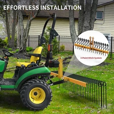 72" 3 Pt Heavy Duty Steel Pine Straw Rake for Cat-0 & Cat-1 Tractor Attachment