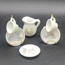 Vtg Enesco Precious Moment Miniature 3 Saucer 1.5"  2 Tea Cup W Stands Pitcher