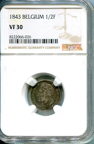 BELGIUM 1843 1/2 FRANC NGC VF 30