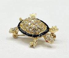Turtle With Rhinestones Pin/Brooch/Pendant Gold  Black Red Eyes 1.5  EUC