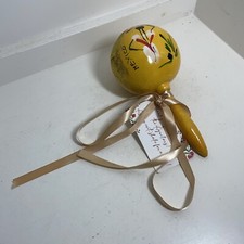 Single Mexican Maraca Gourd Shaker - Vintage Handmade/Hand Painted Bright Yellow