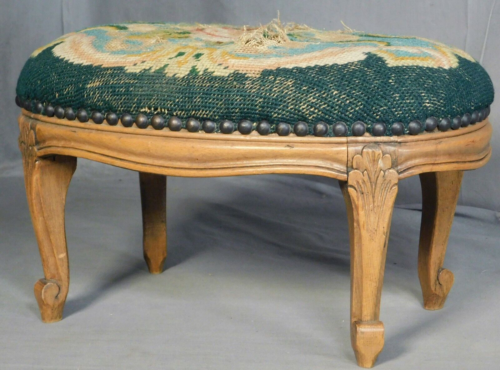 Antique Carved Beech Wood Louis XV Oval Foot Stool Early 1900s Belgium French