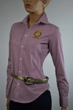 Ralph Lauren Light Burgundy Red & White Cotton  Stripe Blouse Gold Crest-NWT