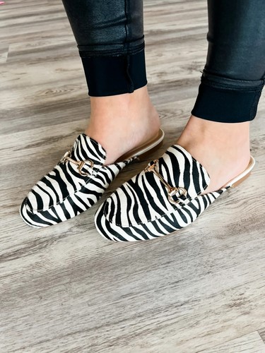 ZARA Calf Hair Leather Zebra Print Mules Open Back Loafer Buckle Flats 38 7.5