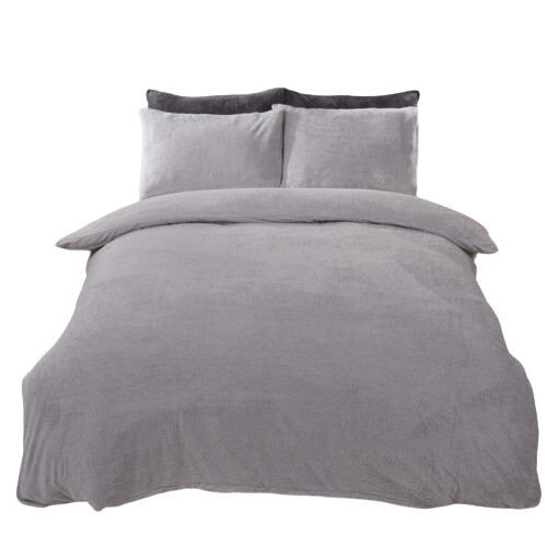 Brentfords Teddy Fleece Double Duvet Cover with Pillow Case Grey for