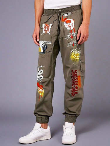 Mens Cargo Trouser Beige XS Graffiti Printed Pant Stone Boohoo Man RRP £50 - Picture 2 of 7