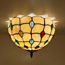 Tiffany Style Ceiling Lights Fixture Gold Stained Glass LED Bulbs 8"H 12"W 12"D