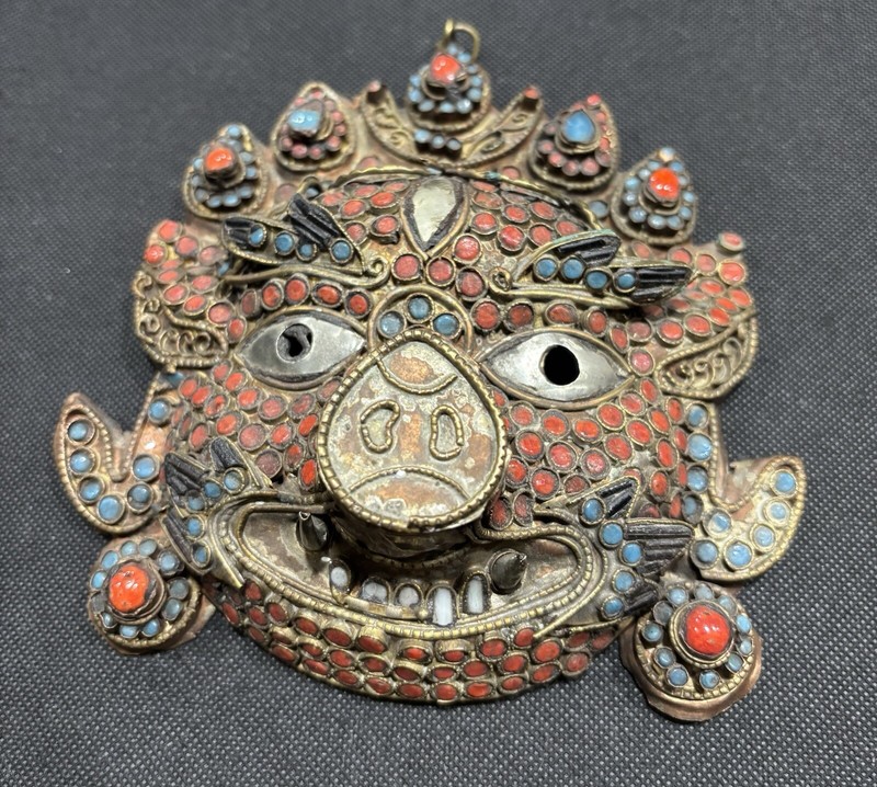 ANTIQUE HANDMADE MAHAKALA PIG FACE MASK ~ TIBETAN NEPALESE HINDU BUDDHIST MASK