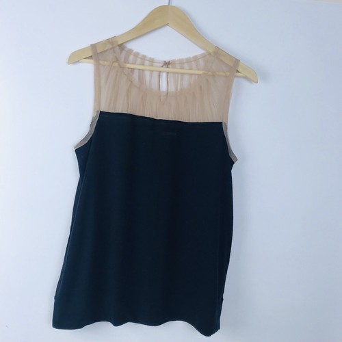 Hi-Line Women's Sleeveless Black Beige Ruffle Top Large