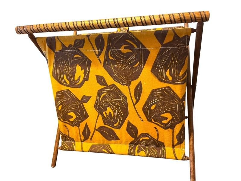 Vintage MCM Knitting Sewing Caddy Crochet Yarn Basket Folding Wood Frame Floral
