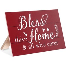 Bless This Home Rustic Wooden Signs - Red, Farmhouse Wall Decor for Living Ro...