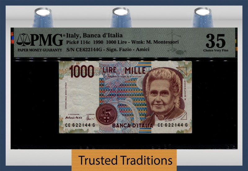 TT PK 114c 1990 ITALY BANCA D'ITALIA 1000 LIRE PMG 35 CHOICE VERY FINE