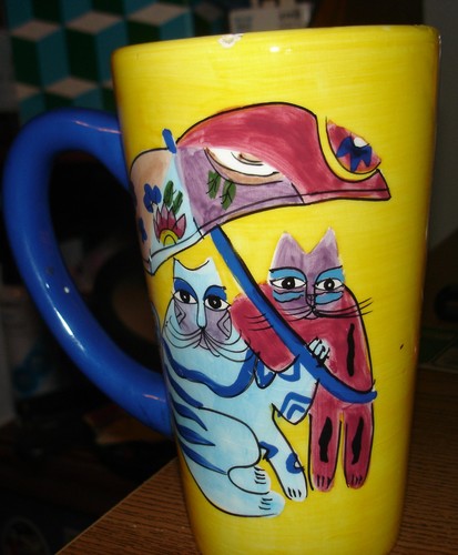 Rare  Vintage LAUREL BURCH 1997 Used TALL Mug w/ CATS   (CHIPPED RIM)