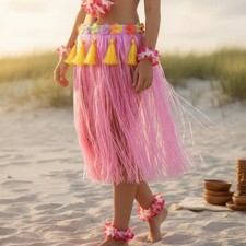 8 Pieces Hula Grass Skirt Set Easy to Wear Grass Skirt and Lei Set Elastic Fit