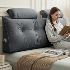 Ultra-Soft Velvet Wedge Headboard Backrest Pillow w/ Detachable Bolster for Bed