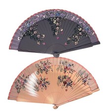 2 Vintage Handpainted Wooden Foldable Hand Fans Pink Purple Flowers 17x9 Asian
