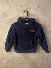 Levi's Sherpa Hoodie Youth S Navy Blue Pullover Fleece Red Logo Cozy Sweatshirt