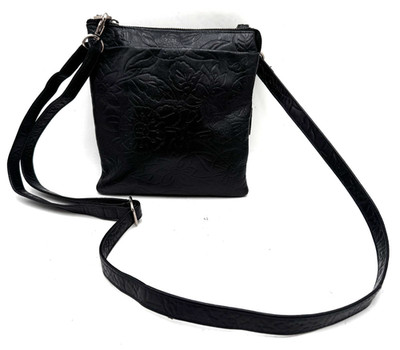 Satch Women's Handbag Black Leather Floral Embossed Adjustable Crossbody Bag