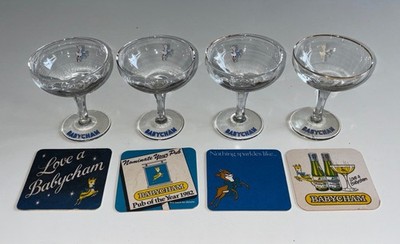 Vintage Original Mid Century Babycham Gläser sechseckiger Stiel X4 + Bierdeckel X4