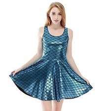 SALES Blue Shiny Wet Look Fish Scale Skater Mini Dress Party UK Size 18