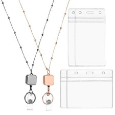 2Pcs Square Badge Necklace Lanyard with 2 Set ID Holder, Black/Rose Gold