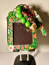 Green Pink Floral Wristlet Wallet Silicone Bracelet and Tassel Gold Keychain