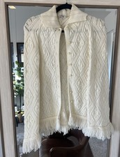 Vintage Wintuk Knit Poncho Button Cape Shawl Sweater with Fringe Trim Off White