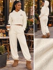 Women's L Ivory 2-Piece Knit Cable-Knit Hooded Hoodie Jogger Pants Set