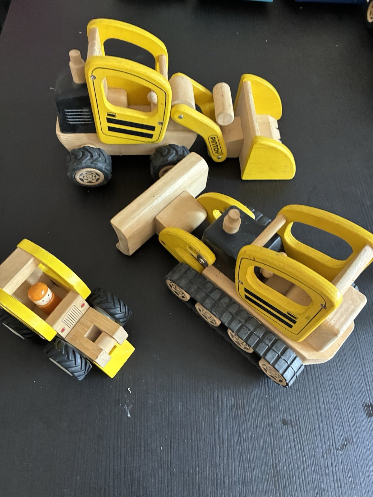 Pintoy Wood Construction Vehicles Set Yellow Black Pretend Play Toys