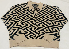 Tahari Black Beige Geometric Knit Collared Sweater Women M  Soft NEW NWOT