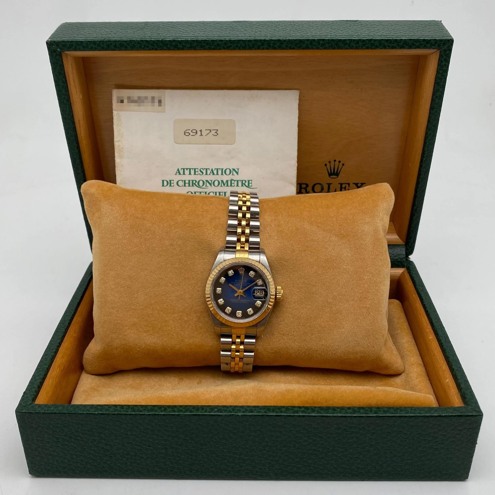 Rolex Datejust 26mm Gold Steel Diamond Blue Ombre Dial Ladies Watch 69173