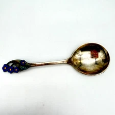 VTG MEKA Denmark Blue Enamel Forget-Me-Not Sugar Spoon Silverplate 5.25" 20.8g