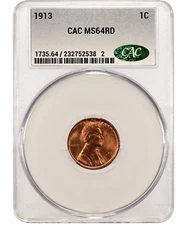 1913 1C Lincoln Cent, CACG MS64RD, Full Red Gem, Sharp Strike, Beautiful Coin.