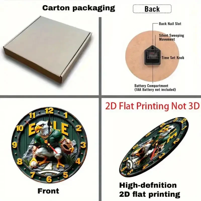 Philadelphia Eagles wall clock 2D  SILENT MOVEMENT DESIGN  FOOTBALL MAN CAVE - Image 2 of 2