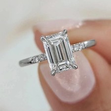 3CT Emerald-Cut VVS1 Moissanite Solitaire Engagement Ring 14K White Gold Plated