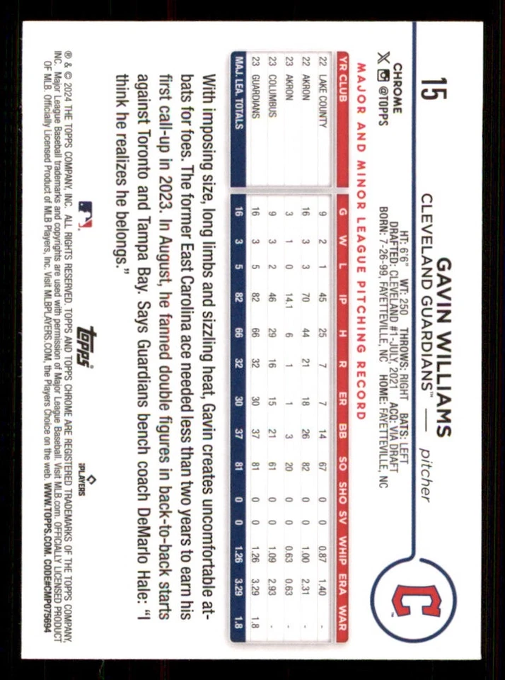 2024 Topps Chrome #15 Gavin Williams RC - Image 2 of 2