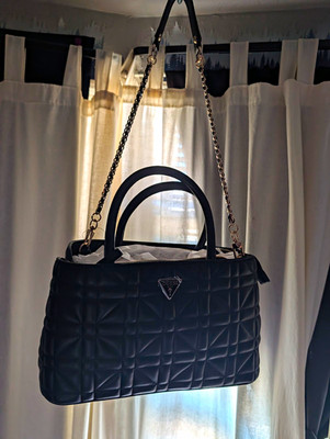 GUESS Women's Black Small Quilted Satchel Top Handle Zip Detachable Chain
