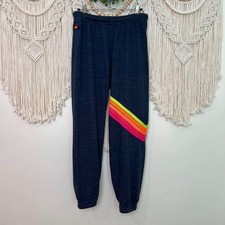 Aviator Nation Chevron 5 Neon Stripe Rainbow Sweatpants Womens S Navy